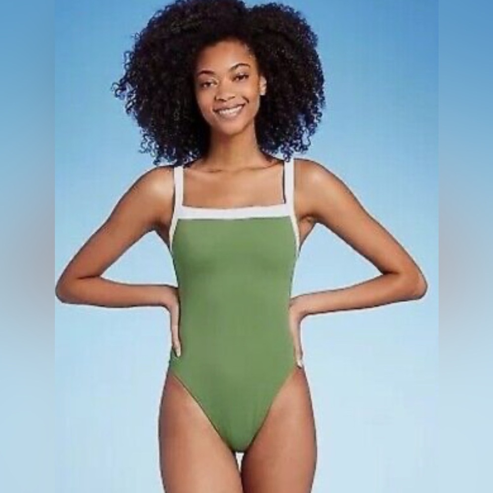 Shade & Shore Women's XS (0-2) One Piece Swimsuit Green Square Neck Swimwear (Z)